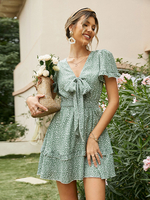 Robe Eté Courte Imprimé Femme avec Manches Courtes Amples à Col V à Lacets Bas Evasée Bicolores