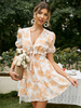 Robe Eté Courte Imprimé Femme avec Manches Courtes Amples à Col V Coupe Cintrée à Lacets Bas Evasée Bicolores