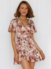 Robe Eté Courte Imprimé Femme avec Manches Courtes Amples à Col V Coupe Cintrée