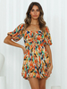 Robe Eté Courte Imprimé Femme avec Manches Courtes Amples à Col V Coupe Cintrée