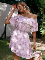 Robe Eté Courte Imprimé Femme avec Manches Courtes Volantes avec Epaule Dénudée Coupe Cintrée Bas Evasée Bicolores