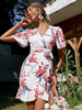 Robe Eté Courte Imprimé Femme avec Manches Courtes Volantes Coupe Cintrée à Lacets