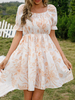 Robe Eté Courte Imprimé Fleurie à Col Carée avec Manches Courtes Amples Coupe Cintrée Bas Evasée Bicolores Robe Courte