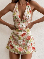 Robe Eté Courte Imprimé Fleurie à Col Décolleté en V avec Bretelles avec Dos Nu Coupe Cintrée Multicolores Robe de Patineuse