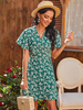 Robe Eté Courte Imprimé Fleurie à Col V avec Manches Courtes Coupe Cintrée Bas Evasée Bicolores Robe de Patineuse