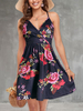 Robe Eté Courte Imprimé Fleurie avec Bretelles à Col Décolleté en V Coupe Cintrée