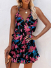 Robe Eté Courte Imprimé Fleurie avec Bretelles à Col Décolleté en V Coupe Cintrée Bas Evasée Bicolores Robe de Plage