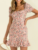 Robe Eté Courte Imprimé Fleurie avec Manches Courtes Amples à Col Carré Coupe Cintrée Bas Volante Bicolores Robe Moulant Sexy