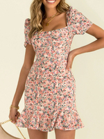 Robe Eté Courte Imprimé Fleurie avec Manches Courtes Amples à Col Carré Coupe Cintrée Bas Volante Bicolores Robe Moulant Sexy