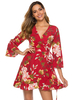 Robe Eté Courte Imprimé Fleurie en Mousseline à Col Décolleté en V avec Manches Mi-longues Volante Coupe Cintrée à Lacets Bas Evasée Bicolores Robe de Patineuse