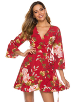 Robe Eté Courte Imprimé Fleurie en Mousseline à Col Décolleté en V avec Manches Mi-longues Volante Coupe Cintrée à Lacets Bas Evasée Bicolores Robe de Patineuse