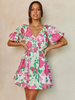 Robe Eté Courte Imprimé Fleurie Femme avec Manches Courtes Amples à Col V Coupe Cintrée Bas Evasée Robe Sexy