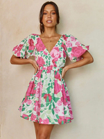 Robe Eté Courte Imprimé Fleurie Femme avec Manches Courtes Amples à Col V Coupe Cintrée Bas Evasée Robe Sexy