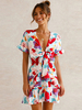 Robe Eté Courte Imprimé Fleurie Sexy à Col Décolleté avec Manche Courte Coupe Cintrée Bicolores Robe Sexy Robe Moulante Sexy