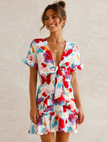 Robe Eté Courte Imprimé Fleurie Sexy à Col Décolleté avec Manche Courte Coupe Cintrée Bicolores Robe Sexy Robe Moulante Sexy