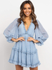 Robe Eté Courte Imprimé Florale en Mousseline Sexy Femme à Col Décolleté en V avec Manches Longues Amples Coupe Cintrée à Lacets Bas Evasée Unicolore Robe Eté Sexy Robe de Patineuse