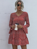 Robe Eté Courte Imprimé Florale Sexy Femme à Col Décolleté en V avec Manches Longues Coupe Cintrée Bas Evasée Bicolores Robe Eté Sexy Robe de Patineuse
