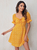 Robe Eté Courte Imprimé Pois à Col V à Lacets avec Manches Courtes Amples Coupe Cintrée Bicolores