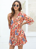 Robe Eté Courte Imprimés avec Manches Mi-longues à Col V Bas Evasée