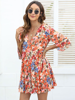 Robe Eté Courte Imprimés avec Manches Mi-longues à Col V Bas Evasée
