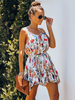 Robe Eté Courte Imprimés Fleuries Femme avec Bretelles à Col Décolleté en V Coupe Cintrée à Lacets Bas Evasée Multicolores Robe Eté Sexy