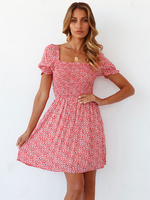 Robe Eté Courte Imprimés Fleuries Femme avec Manches Courtes à Col en Carré Coupe Cintrée Bicolores Robe de Patineuse Sexy