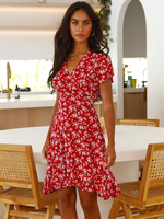 Robe Eté Courte Imprimés Fleuries Femme avec Manches Courtes à Col en V à Lacets Coupe Cintrée Bicolores Robe de Patineuse Sexy