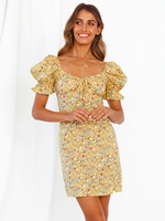 Robe Eté Courte Imprimés Fleuries Femme avec Manches Courtes Amples à Col Décolleté en V à Lacets Coupe Cintrée Multicolores Robe Eté Sexy