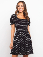 Robe Eté Courte Imprimés Pois Femme avec Manches Courtes à ColCarré Coupe Cintrée Bicolores Bas Evasée Robe de Patineuse Sexy