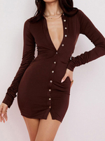 Robe Eté Courte Moulante Femme à Col Décolleté en V avec Manches Longues avec Boutons Unicolore Robe Sexy