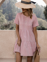 Robe Eté Courte Moulante Femme à Col Rond avec Manches Courtes Bas Evasée Unicolore