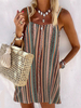 Robe Eté Droite Sexy Imprimée Rayures avec Bretelles à Col Carré sans Manches avec Poches Bas Evasée Multicolores Robe Eté Sexy