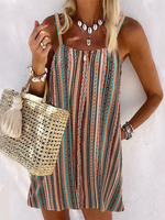 Robe Eté Droite Sexy Imprimée Rayures avec Bretelles à Col Carré sans Manches avec Poches Bas Evasée Multicolores Robe Eté Sexy
