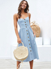 Robe Eté en Denim Longue avec Bretelles à Col Décolleté en V avec Boutons Bas Evasée Unicolore Robe Eté Robe de Plage