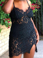Robe Eté en Dentelle avec Bretelles à Col Décolleté en V Coupe Cintrée avec Fente Unicolore Creusante Fleurie Robe Sexy