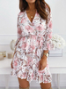 Robe Eté en Mousselines Imprimés Florales à Col V avec Manches Longues Volantes Coupe Cintrée Bas Evasée Bicolores Robe Eté