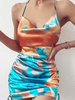 Robe Eté en Satin Courte Imprimés Florales avec Bretelles à Col Décolleté en V Coupe Cintrée avec Fente Robe Sexy Robe Eté