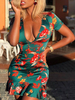 Robe Eté en Satin Imprimé Fleurie avec Manches Courtes à Col Décolleté en V Coupe Cintrée Bas Volante Bicolores Robe de Plage