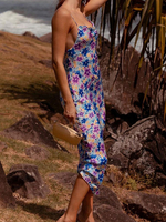 Robe Eté en Satin Imprimés Florales avec Bretelles à Col Décolleté en V Coupe Cintrée avec Fente Robe Sexy Robe Eté