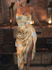 Robe Eté en Satin Imprimés Florales avec Bretelles à Col Décolleté en V Coupe Cintrée avec Fente Robe Sexy Robe Eté
