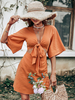 Robe Eté Femme à Col Décolleté V avec Manches Mi-longues Volantes Coupe Cintrée à Lacets Unicolore