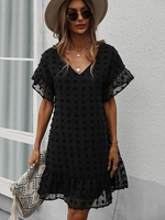 Robe Eté Femme à Col V avec Manches Courtes Bas Evasée Unicolore