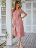 Robe Eté Femme à Col V avec Manches Courtes Coupe Cintrée Bas Evasée Unicolore