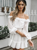 Robe Eté Femme en Mousselines Transparente avec Epaule Dénudées avec Manches Longues Amples Coupe Cintrée Elastique Bas Evasée Unicolore Robe Sexy
