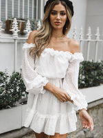 Robe Eté Femme en Mousselines Transparente avec Epaule Dénudées avec Manches Longues Amples Coupe Cintrée Elastique Bas Evasée Unicolore Robe Sexy