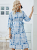 Robe Eté Imprimé à Col Rond avec Manches Longues Amples Coupe Cintrée à Lacets Bicolores Robe de Patineuse