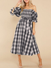Robe Eté Imprimé Carreaux Femme avec Manches Courtes Amples avec Epaule Dénudée Coupe Cintrée à Lacets Bas Evasée Bicolores