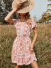 Robe Eté Imprimé Courte à Col V avec Manches Courtes Volantes Coupe Cintrée Bas Evasée