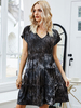 Robe Eté Imprimé Courte avec Manches Courtes à Col V Bas Evasée Bicolores Robe Droite