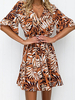 Robe Eté Imprimé Courte Femme à Col Décolleté en V avec Manches Mi-longues Volante Coupe Cintrée Bas Evasée Bicolores Robe de Patineuse Sexy